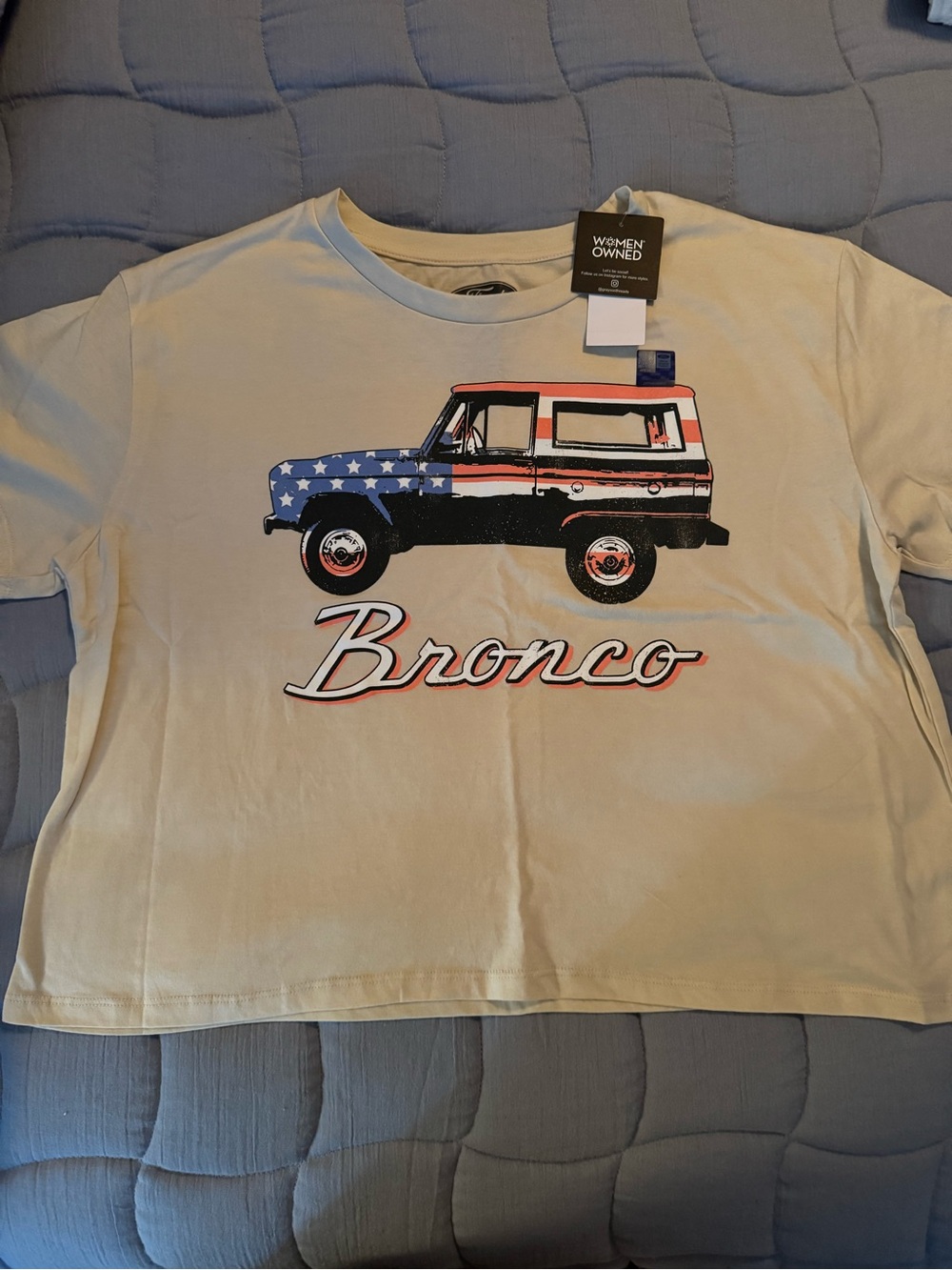 Bronco Graphic Tee for women - Cream with Red & Blue Accent